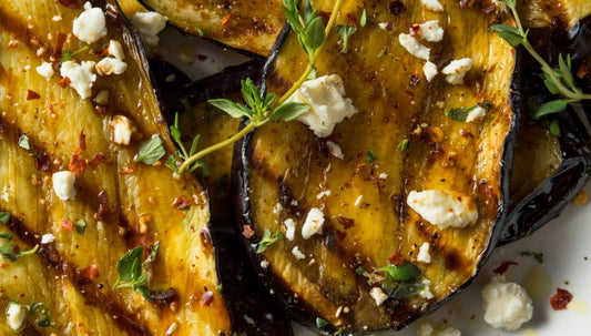 Roast Aubergine with Caramelised Onion, Garden Herbs & Irish Soft Sheep’s Cheese - By Orla McAndrew