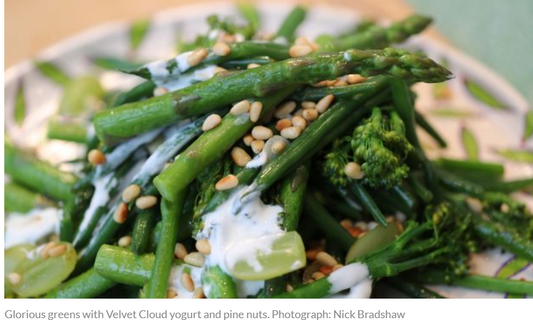 Garlic Green Vegetables, Served With Velvet Cloud Sheep's Yogurt, Nuts and Grapes