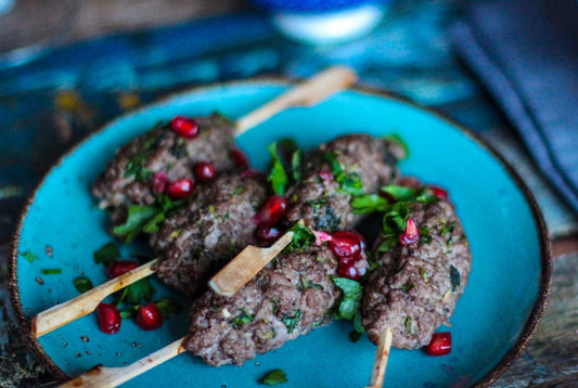 Lamb skewers and Velvet Cloud dresssing