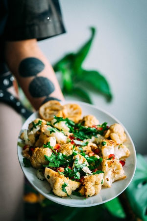 Spicy Roasted Cauliflower Marinated In Velvet Cloud Served With A Tahini Yogurt Dip