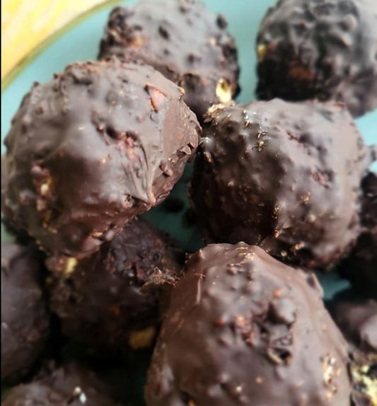 High protein, high fibre , chocolate covered energy balls